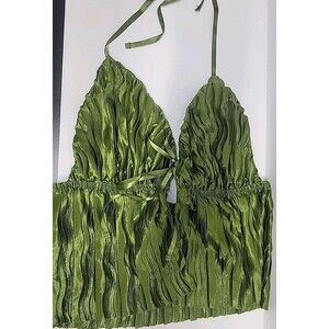 SHEIN Open Back Tie Front Halter Top Green Satin‎ Sz XS